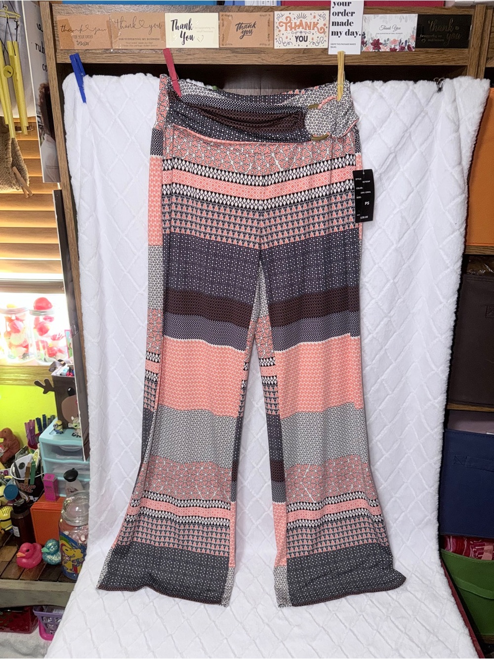 Robert Louis Pink and Gray Patterned Wide-Leg Pants